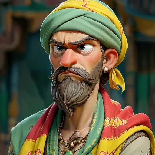 Prompt: a man with a beard and a turban on his head is wearing a green shawl and a red and yellow shawl, Altoon Sultan, hurufiyya, high detail illustration, a character portrait