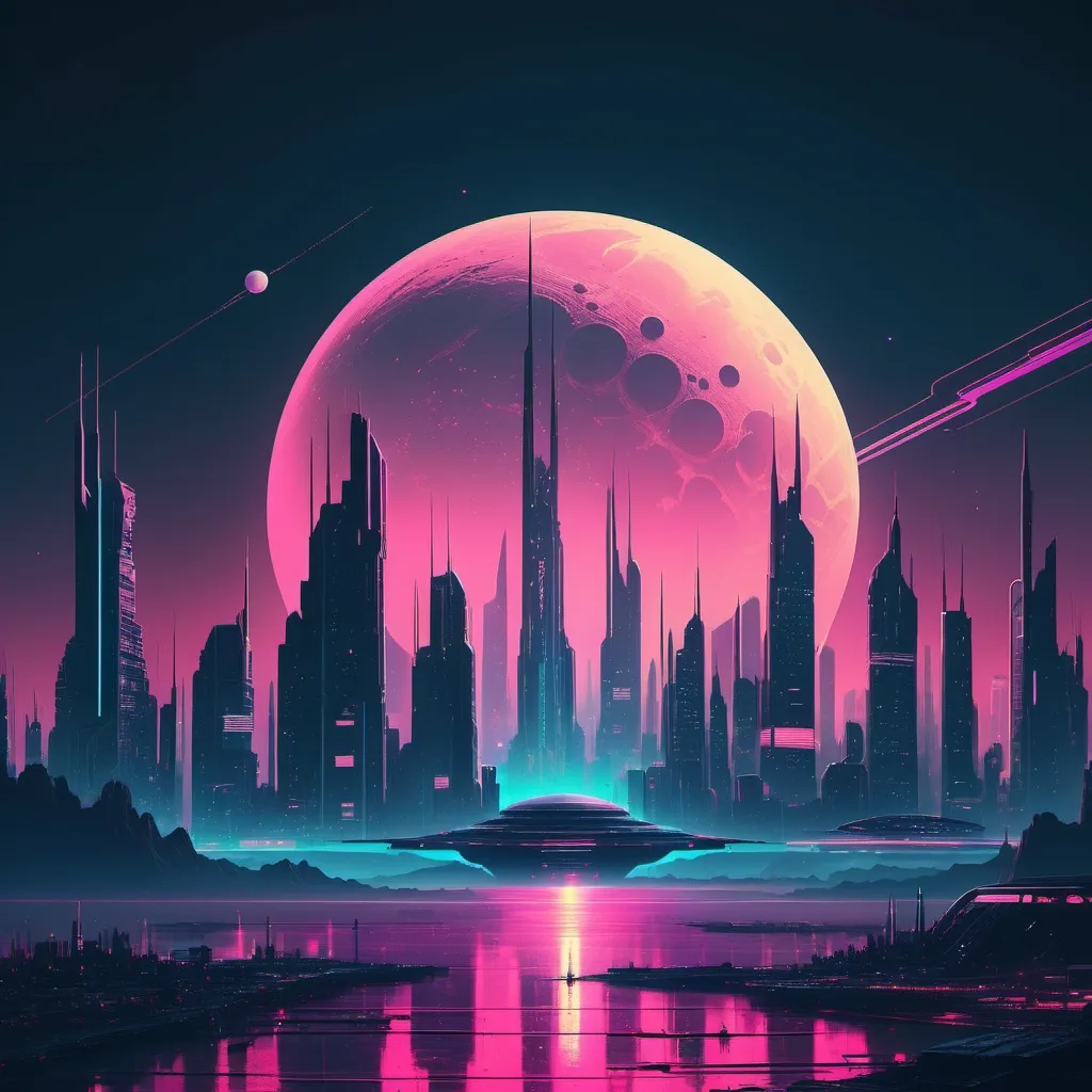 Prompt: una ciudad futurista con un horizonte futurista por la noche con una luna brillante en el fondo y un planeta distante en el cielo, Alena Aenami, retrofuturismo, estilo synthwave, arte ciberpunk
