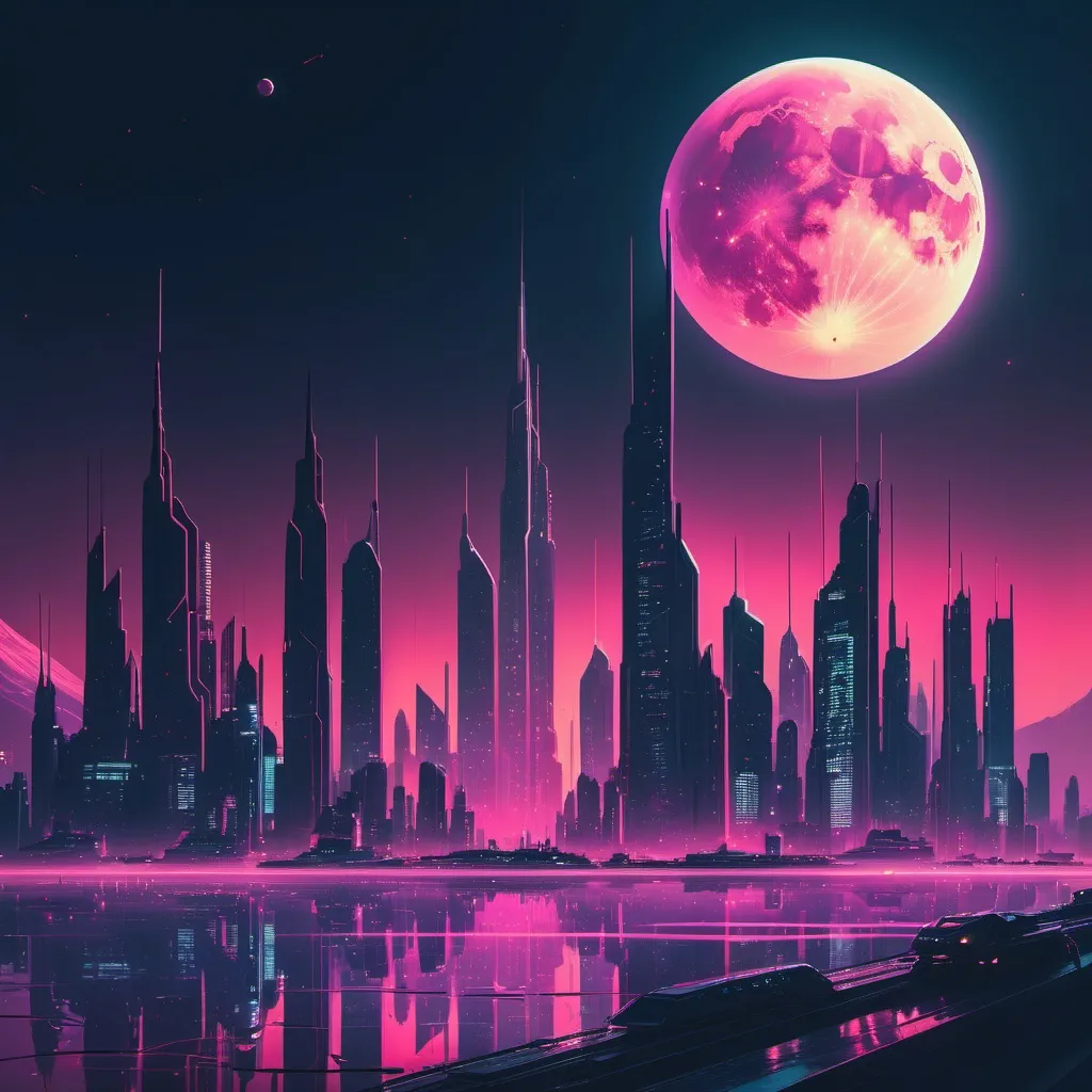 Prompt: una ciudad futurista con un horizonte futurista por la noche con una luna brillante en el fondo y un planeta distante en el cielo, Alena Aenami, retrofuturismo, estilo synthwave, arte ciberpunk