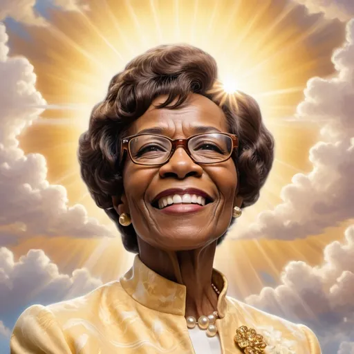 Prompt: (Shirley Chisholm looking down from heaven and smiling), ethereal glowing light, vibrant golden hues, radiating warmth, serene and peaceful atmosphere, soft clouds in the background, heavenly aura, bright sky, subtle light flares, divine, ultra-detailed, high resolution, cinematic quality, visionary, inspiring, uplifting, majestic scenery, HD