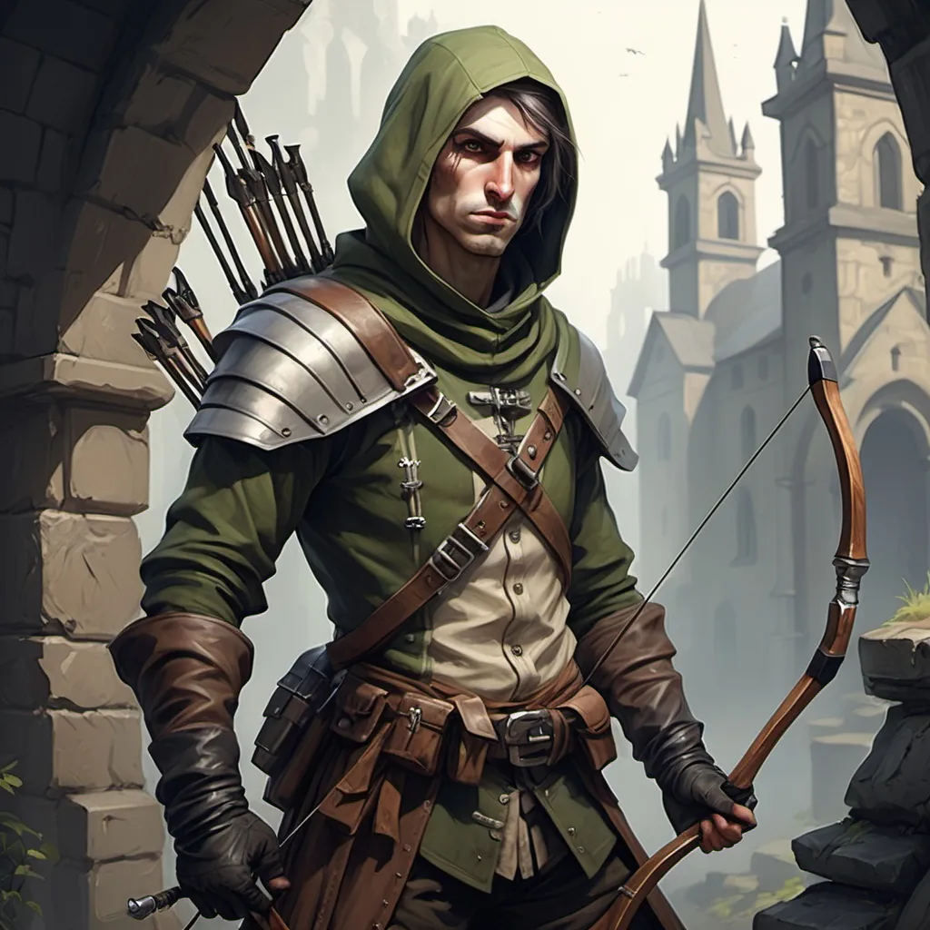 Prompt: inquisitive rogue with a shortbow, he is small and really skinny looking. has church clothing