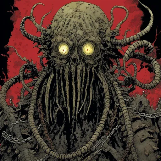 Prompt: <mymodel> dai dark, dorohedoro
Create a portrait of a looming Cthulhu set against a black background. The image should give a deep sense of despair.