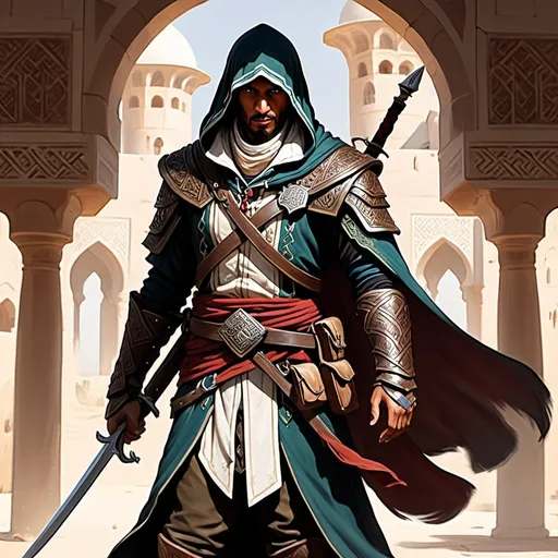 Prompt: Splash art, Dnd character, ranger, dark knight, hooded cloak, armor, middle-eastern, persian, assassin's Creed, by Greg Rutkowski