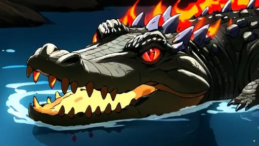 Prompt: crocodile in water with lots flames on head and snout , anime style, bright white eyes,