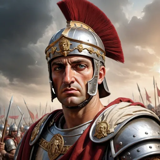 Prompt: Emperor Constantine the Great in realism style, victorious at the Battle of Milvian Bridge, historical realism, Roman emperor, detailed armor and weaponry, triumphant expression, grandeur, epic battle scene, high quality, realistic, historical, detailed armor, victorious, triumphant, grand, epic battle, realism, Roman, historical realism, detailed face, historical accuracy, atmospheric lighting