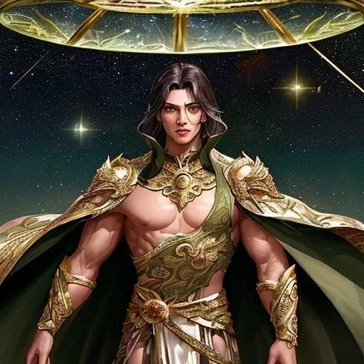 Prompt: Young god of fauna, masculine, dark hair, brown eyes, muscular build, dressed in long gold cape with greens and earth tones and silver under armor. He is standing in a greenhouse floating in space with the stars shining through the glass. Dynamic pose, Close up, dynamic, science fiction