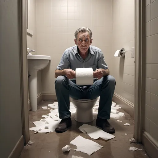 Prompt: a man sitting on a toilet in a dirty bathroom with toilet paper all around him and a roll of toilet paper on the floor, Charles Mahoney, shock art, hyper real, a character portrait