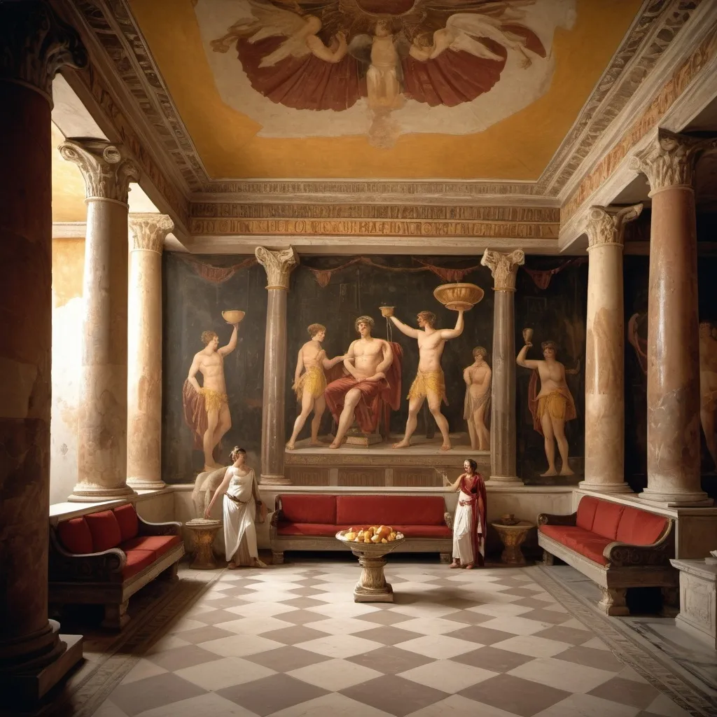 Prompt: Nero's palace, interior, paintings depicting mythological scenes on the walls, ceiling supported by Doric columns.  rich interior design, mosaic on the floor, room furnished in the style of the Roman Empire, lit with torches and oil lamps.  in the foreground you can see two couches on which two Roman patricians lying in white togas with a red belt in the middle.  next to them stands a beautiful slave girl holding a fruit plate.  4K high resolution image in light shades of yellow and brown.  photo realism.