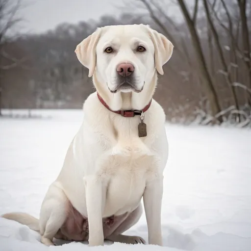 Prompt: A white Labrador retriever sitting in the snow at Chadford, Pennsylvania in the style of Andrew Wyatt