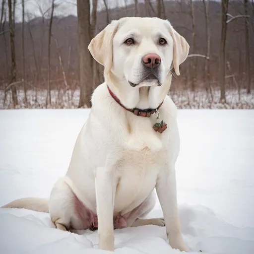 Prompt: A white Labrador retriever sitting in the snow at Chadford, Pennsylvania in the style of Andrew Wyatt with the woods in the background on a large field of snow