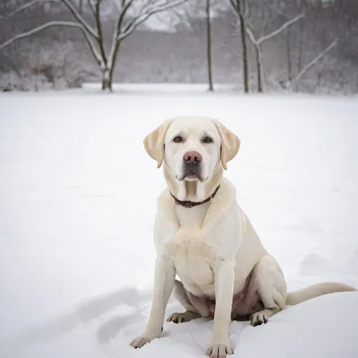 Prompt: A white Labrador retriever sitting in the snow at Chadford, Pennsylvania in the style of Andrew Wyatt