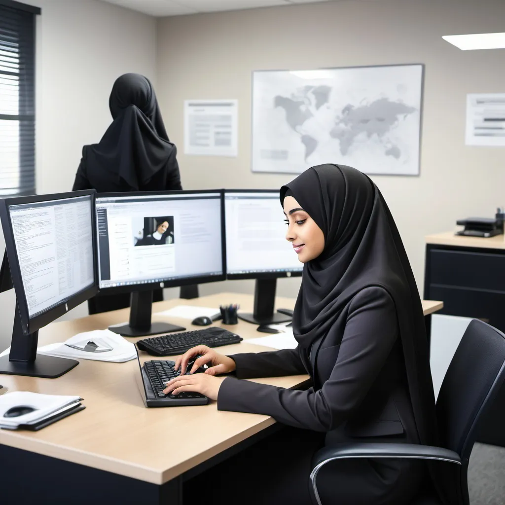 Prompt:  صورة تعكس عمل مديرة اعمال محجبة حجاب عملي باللون الاسود وتجلس هلف مكتب وتعمل على الحاسوب وتكون صورة بعيدة تظهر المكتب كله مع صور لادارة الاعمال خلفها ولافتات للعمل و ان تكون الفتاة تنظر للخاسوب 