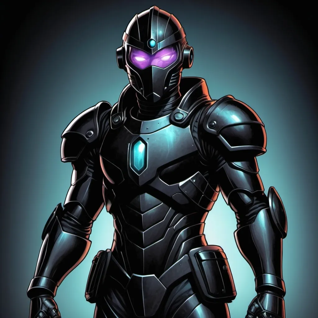 Prompt: 17 year old super genius in black futuristic armor, detailed, dark colors, dramatic, graphic novel illustration,  2d shaded retro comic book