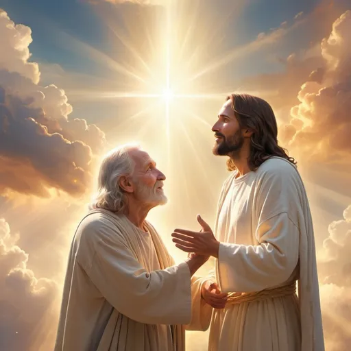 Prompt: (Jesus welcoming an old man), (heavenly glory), warm golden light, serene atmosphere, detailed expressions of joy and compassion, ethereal clouds, radiant halo effects, soft divine rays illuminating their faces, peaceful background depicting a celestial landscape, (98% uplifting), (4K resolution), ultra-detailed heavenly setting, conveying a sense of transcendence and warmth.