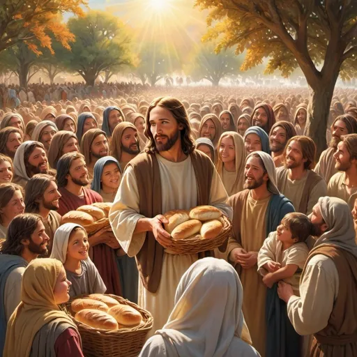 Prompt: (Jesus feeding the multitude), abundant loaves of bread, fresh fish, diverse gathering of people, warm and inviting atmosphere, richly detailed biblical scenery, soft, glowing sunlight illuminating the scene, vibrant colors filling the environment, ethereal light, awe and wonder in the crowd's expressions, ultra-detailed, high-quality artwork capturing the essence of compassion and community.