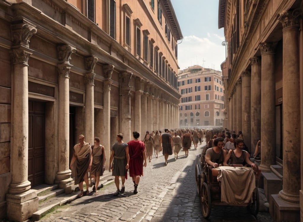 Prompt: Walking the city Streets of rome in 100 bc