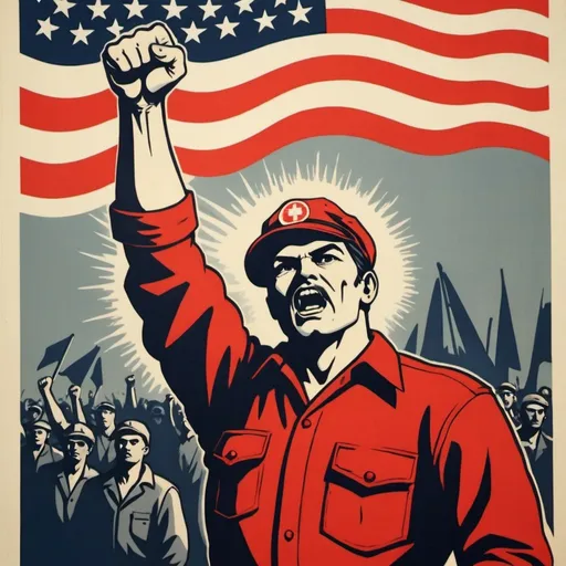 Prompt:  a socialist propaganda poster of a modern american worker With one fist in the air  workers revolution