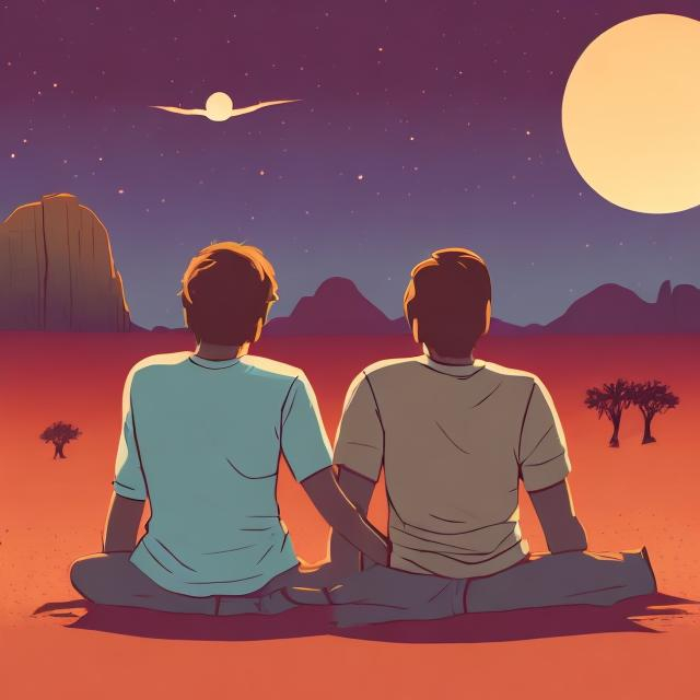 Prompt: Create a picture of "Two friends with one lying on his friends lap staring to space at a desert night" from behind