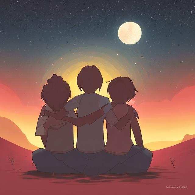 Prompt: Create a picture of "Two friends with one lying on his friends lap staring to space at a desert night" from behind