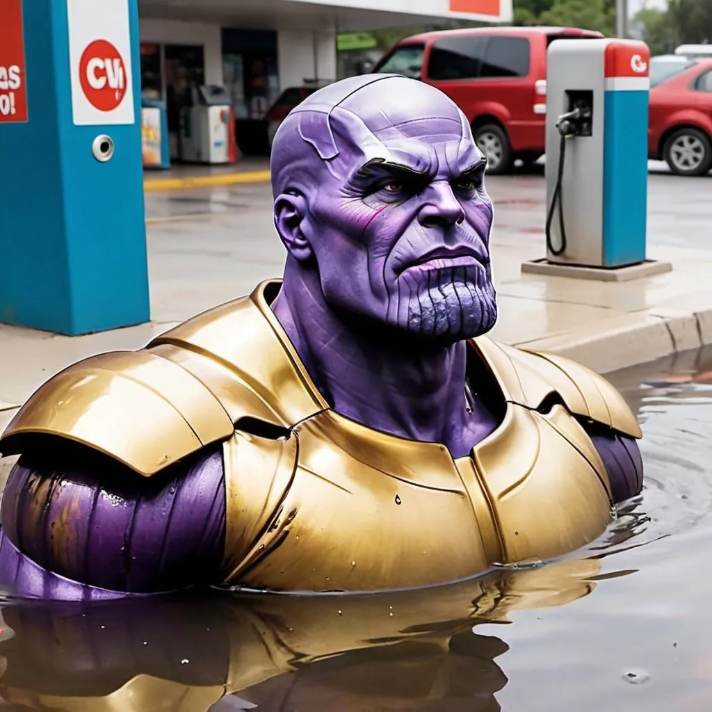 Prompt: Thanos drowning in oil outside a public  gas station, cctv footage