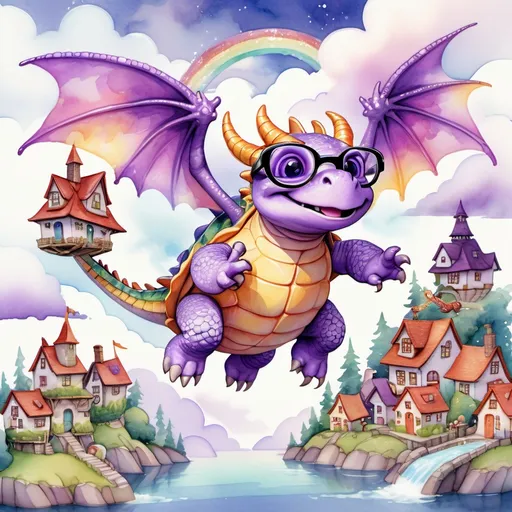 Prompt: A joyful purple dragon with glittering amethyst scales flying through fluffy clouds, holding a shiny rock. His wings are spread wide, and his eyes sparkle with mischief. In the background, Cloud Village floats with rainbow bridges and tiny cottages made of puffy clouds. A wise old turtle (with round glasses) waves from below. Bright, dreamy watercolor style, vibrant colors, soft lighting, and magical sparkle effects. Children’s book cover, whimsical and inviting.