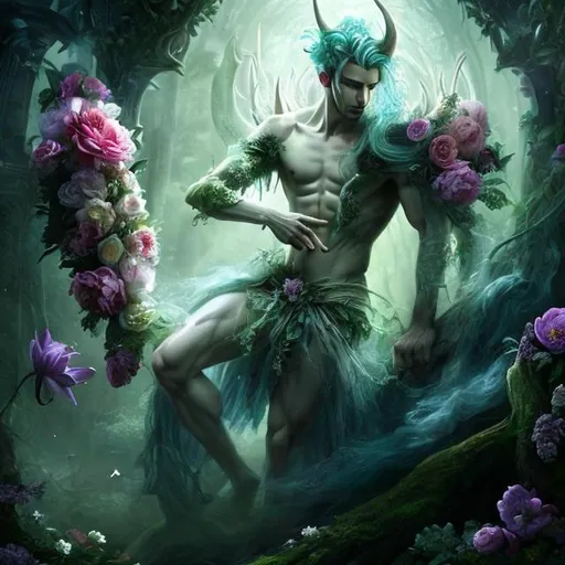 Prompt: Fantasy illustration of a male flower nymph with ethereal white hair, slender physique, floral features, enchanted forest setting, highres, detailed, ethereal, fantasy, floral, elegant, atmospheric lighting, green skin, horns, mystical ambiance