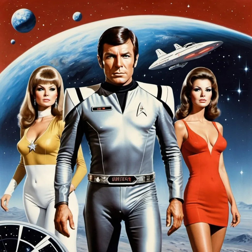 Prompt: 1970 style Battlestar Galactica style Star Trek style film poster with a spaceman on the front and a glamorous lady the film is called spaceman Simon does Miss universe