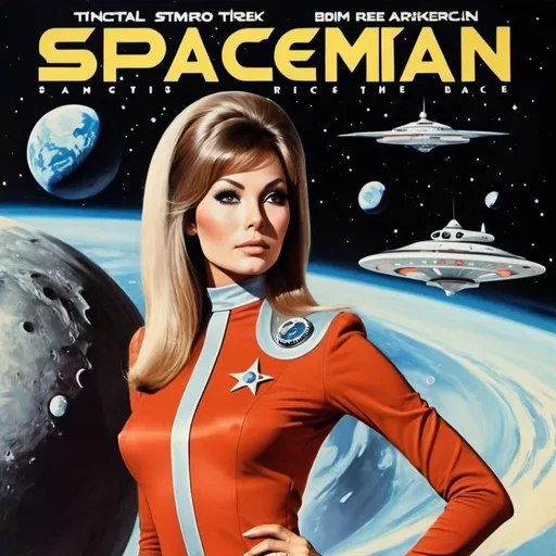 Prompt: 1970 style Battlestar Galactica style Star Trek style film poster with a spaceman on the front and a glamorous lady the film is called spaceman Simon does Miss universe
