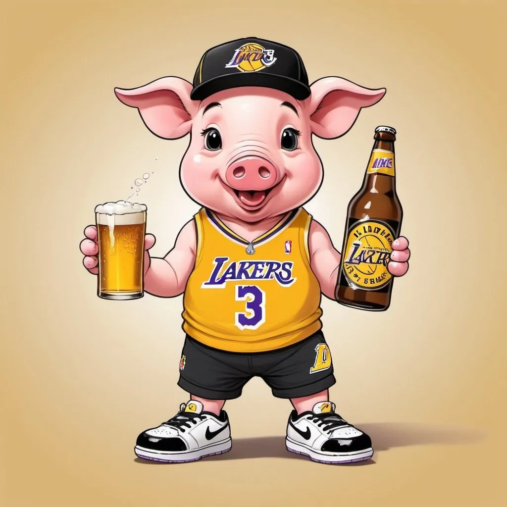 Prompt: Cute Cartoon piglet with yellow lakers jersey, black riders hat, Jordan Nike shoes, shinny neckless 
Holding a beer 
