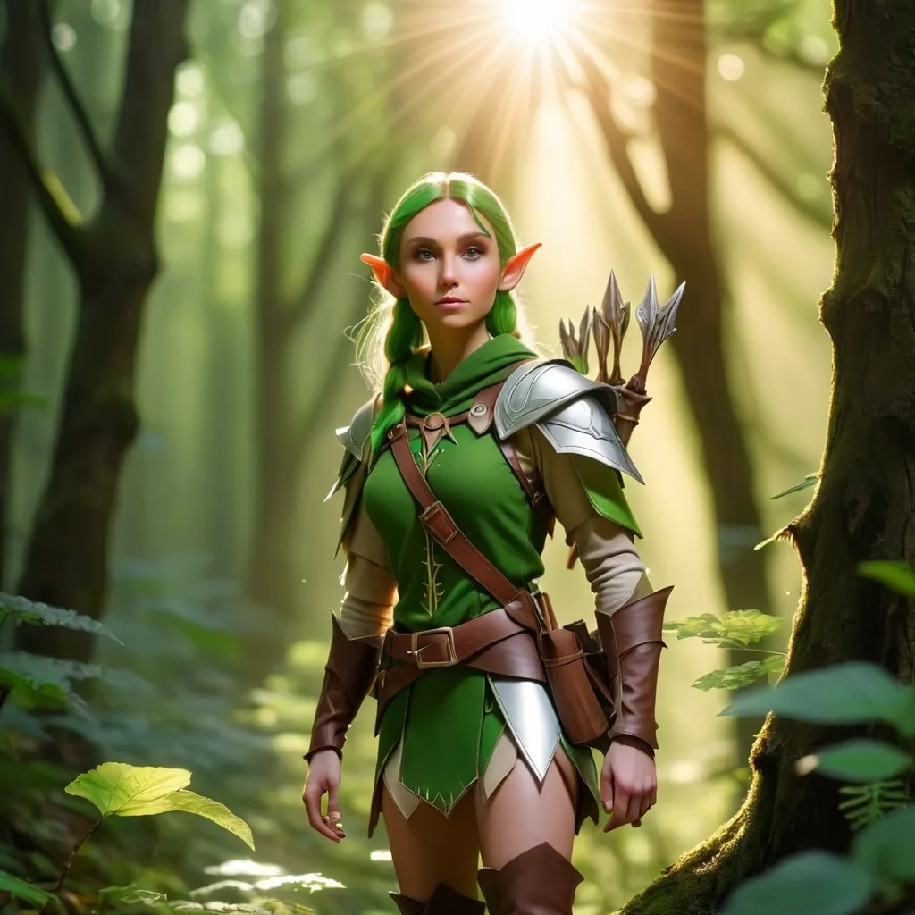 Prompt: Elf ranger in a mystical forest around sunlight