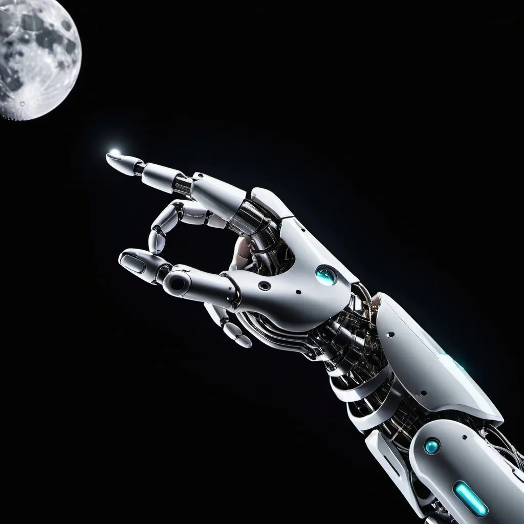 Prompt: from right design an AI robot arm with one finger pointing towards a small moon, digital wall poster art, futuristic technology, high quality, detailed, sci-fi, cool tones, futuristic, robotic arm, black background, advanced, metallic sheen, sleek design, atmospheric lighting