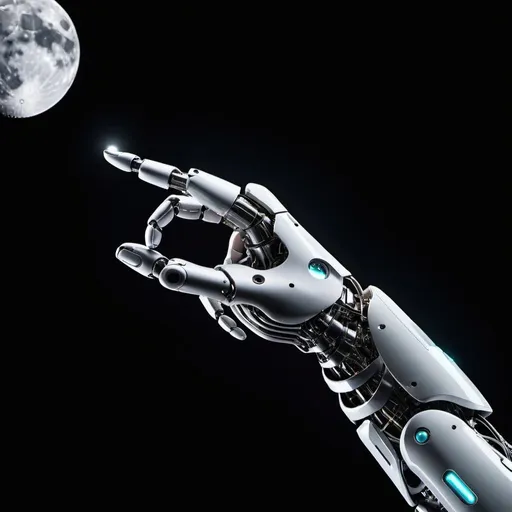 Prompt: from right design an AI robot arm with one finger pointing towards a small moon, digital wall poster art, futuristic technology, high quality, detailed, sci-fi, cool tones, futuristic, robotic arm, black background, advanced, metallic sheen, sleek design, atmospheric lighting