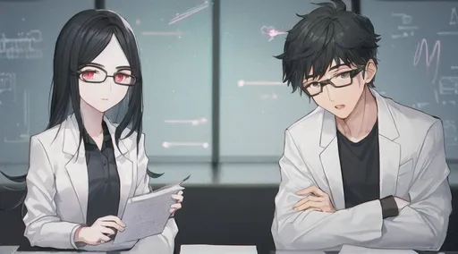 Prompt: two people：A boy with glasses and a girl with black hair in a lab coat do optical experiments together