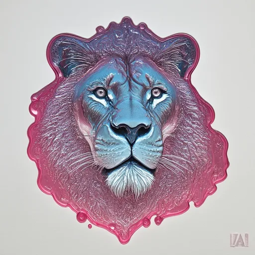 Prompt: glossy, fluid-like transparent “side profile of lions face” with the transparent letters “L A” hidden within the sketching of the Lion transparent pinks and blues, molten glass 