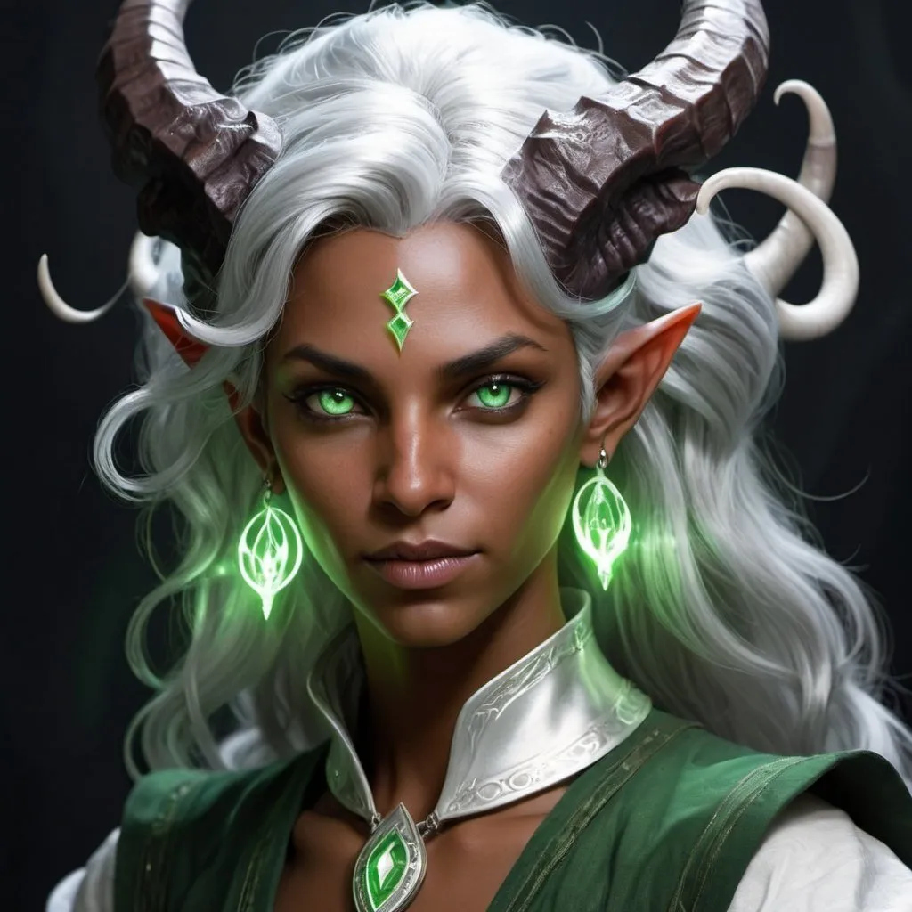 Prompt: tiefling divine sorcerer silver hair that glimmers with divine light and green eyes that glow with arcane blight