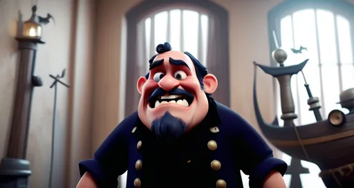 Prompt: Disney pixar character, 3d render style, old pirate evil laugh, cinematic colors