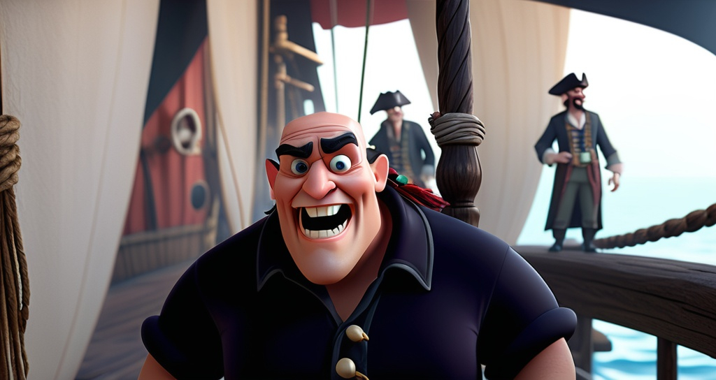 Prompt: Disney pixar character, 3d render style, old pirate evil laugh, cinematic colors