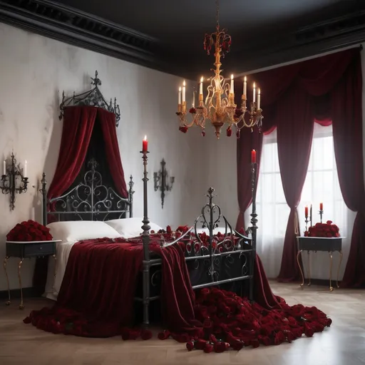 Prompt: crea un immagine dallo stile fotografico e realistico: Una stanza gotica ma romantica. Letto in ferro battuto con cuscini e coperte che toccano terra rosse e nere. Candelabri con cera bianca. Cera bianca che cola sui comodini, i comodini hanno i piedi color oro rosso. C'è una grande finestra con tende rosse leggere che si muovono. Le pareti sono bordeaux ma con alcune rose a grappoli che scendono. Cera bianca cola un po' dai muri e dal ferro battuto del letto. C'è poca luce perchè è buio fuori solo le candele illuminano la stanza. Il pavimento è una scacchiera bianca e nera con qualche pezzo dei scacchi per terra. Dalle finestre si vede solo il cielo nero