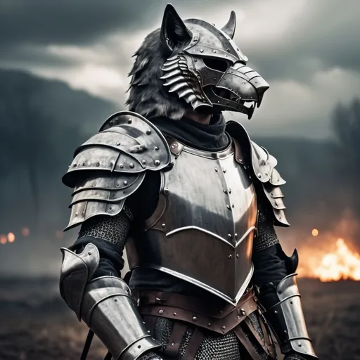 Prompt: Mysterious, intimidating knight in steel armor with wolf helmet, standing in a battlefield, high quality, detailed, realistic, dark fantasy, cool tones, atmospheric lighting, eagle helmet, steel armor, battlefield setting, ominous presence, detailed textures, medieval, detailed visage, professional