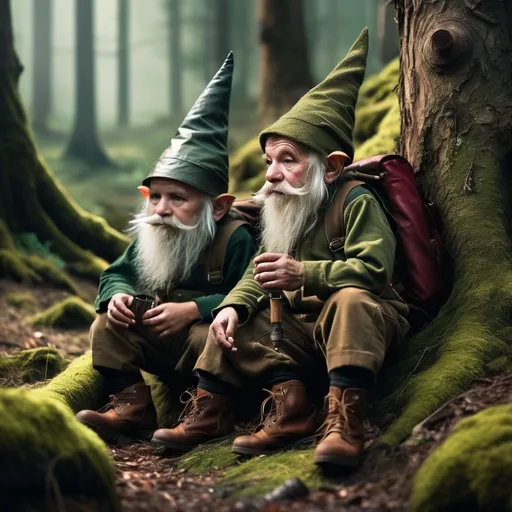 Prompt: Real gnome men and women with pointy ears, living in a small village, smoking pipes, drinking, wearing pointed caps and patched brown-green overalls, small, mythical forest setting, dark fantasy setting, realistic lighting, somber mood, contemplative thought, detailed face, intricately textured clothes and skin, evening light casting long shadows, vibrant moss and ancient trees in the background, cool tones with touches of earthy colors, atmospheric, high-quality resolution, ultra-detailed, photorealistic.