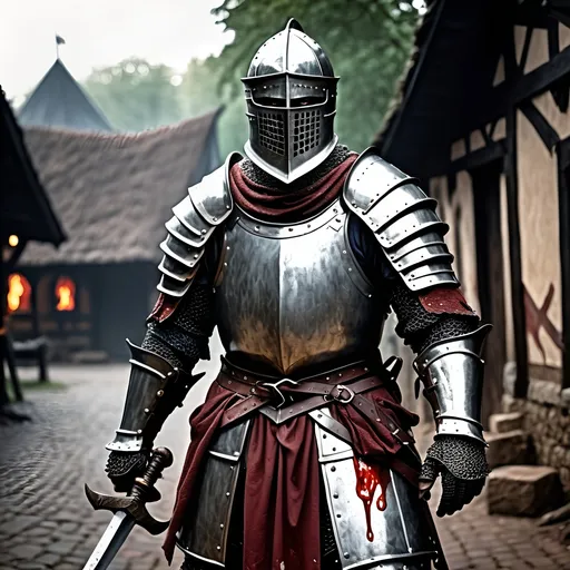 Prompt: (Ten foot tall knight) in imposing armor, intimidating, horns on helmet, burly, large cleaver sword, killing and murdering an innocent peasant, covered in blood, brutal, sad, medieval dark fantasy, realistic, realism, photorealistic, gloomy atmosphere, highly detailed, peasant village setting, dark color tones, dramatic lighting, shadows, ultra-detailed background, highly immersive, 4K, HD quality.