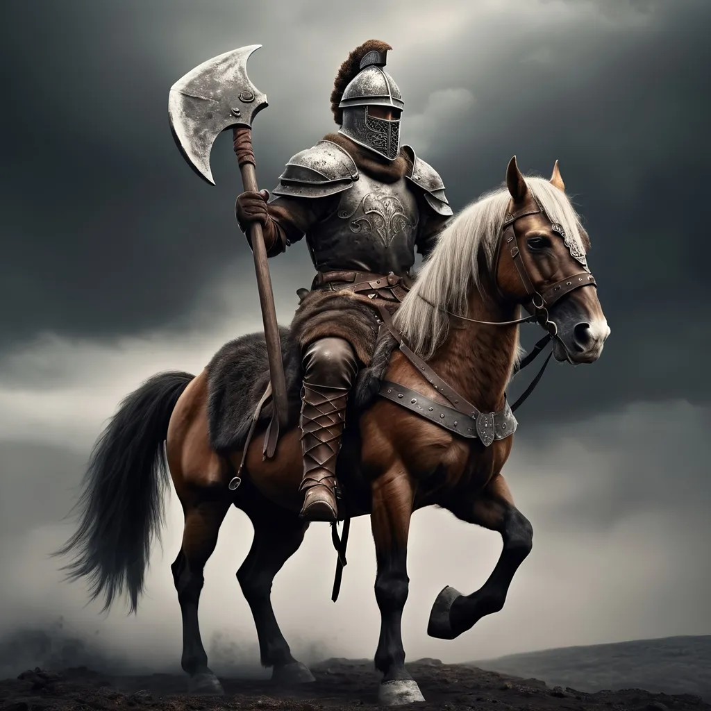 Prompt: Viking warrior in horned helmet on a war horse, holding a large battleaxe, dark fantasy, realistic