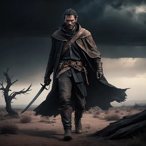 Prompt: Arthur Morgan and Joel Miller inspired drifter, lone wanderer, dark fantasy, realism, realistic, wearing dark cloak, mercenary swordsman