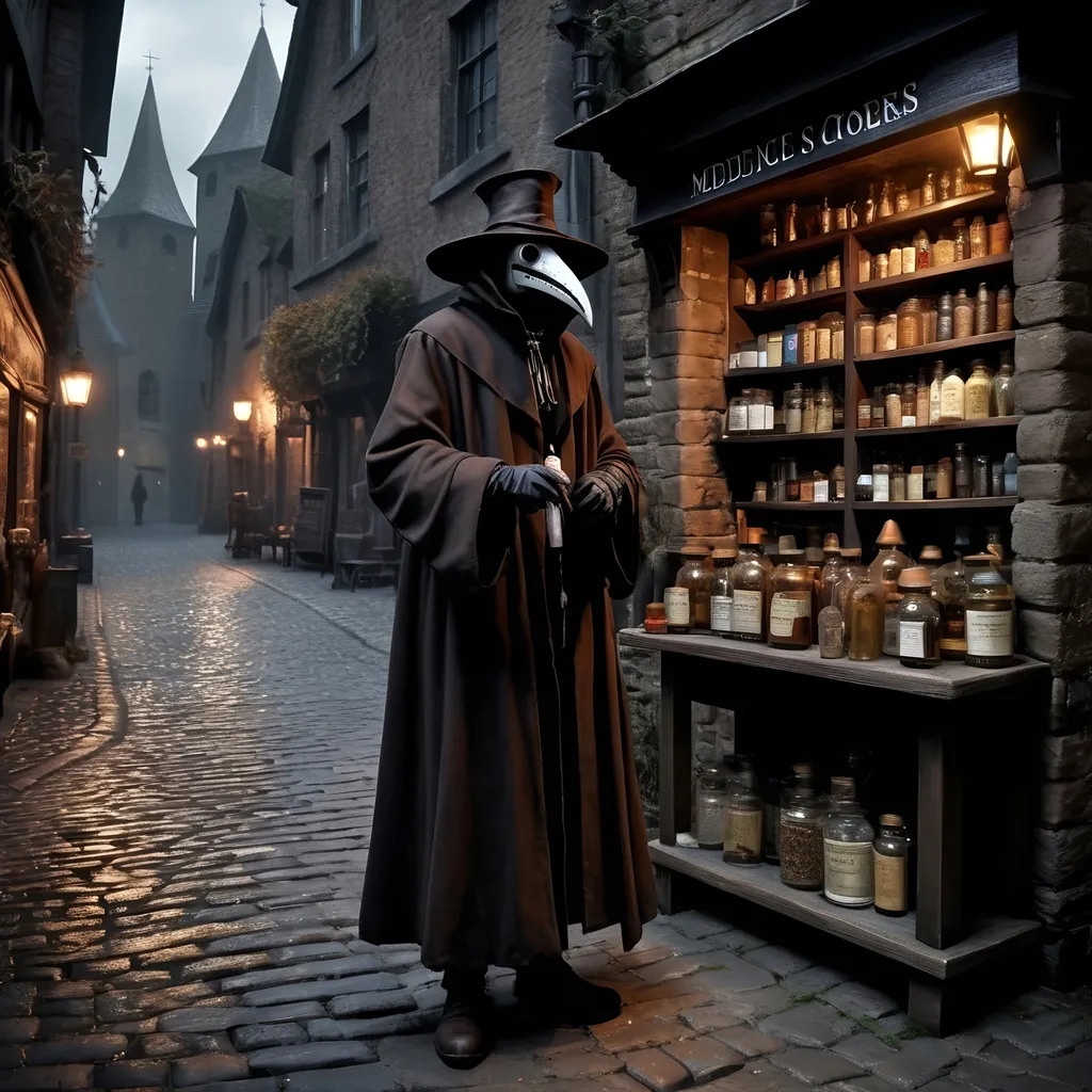 Prompt: (tall plague doctor), realism style, dark color scheme, wearing a dark brown coat and hat, standing at a medicine stand, selling remedies, medieval dark fantasy setting, dreary ambiance, eerie lighting, detailed textures, cobblestone streets, shadowy corners, ultra-detailed, haunting atmosphere, rich contrasts, enchanting yet grim environment.