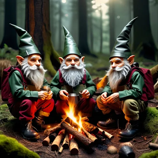 Prompt: Real gnomes with pointy ears and long beards, huddled around a campfire, smoking pipes, drinking, wearing pointed dark red and dark yellow caps and patched brown-green overalls, mythical forest setting, realistic lighting, somber mood, detailed face, intricately textured clothes and skin, evening light casting long shadows, vibrant moss and ancient trees in the background, cool tones with touches of earthy browns and greens, atmospheric, high-quality resolution, ultra-detailed, photorealistic.