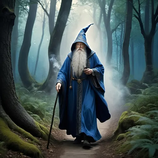 Prompt: Realistic Old wise wizard in blue walking on a forest trail smoking a pipe, dark fantasy, somber atmosphere