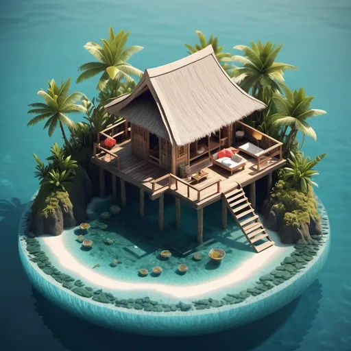 Prompt: miniature isometric world render, a hut surrounded by clear water, Bali