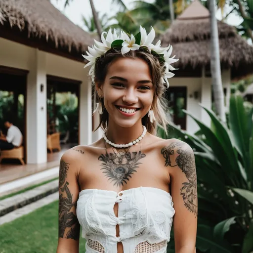 Prompt: Girl near the villa on Bali, a lot of palms around. She is in white dress, with tattoos and bracelets, smiling. She wear white flowers in hair