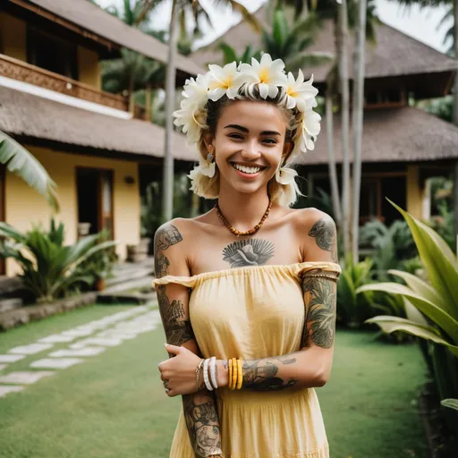 Prompt: Girl near the villa on Bali, a lot of palms around. She is in light yellow dress, with tattoos and bracelets, smiling. She wear white flowers in hair