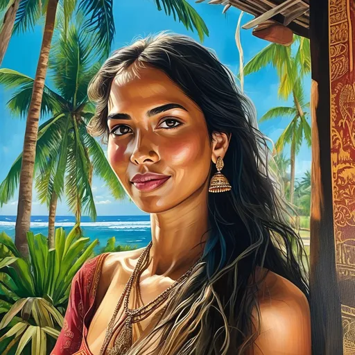 Prompt: Acrylic painting in modern style: very beautiful Indian woman near the villa on Bali, a lot of palms around and blue ocean. She is in light traditional sari, with bracelets and earrings, smiling.